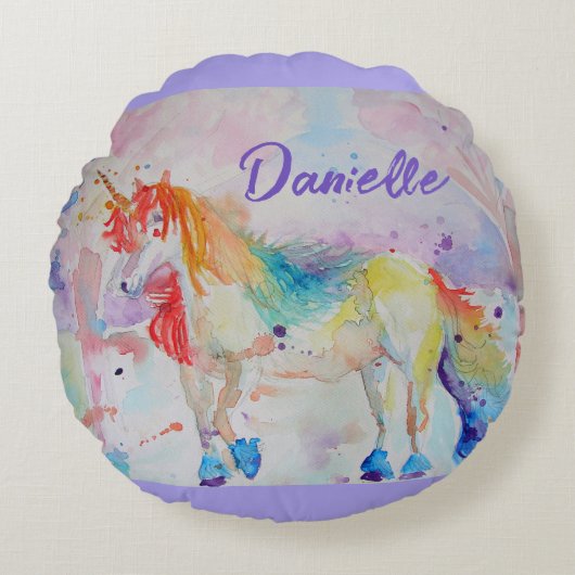 Rainbow Unicorn Waterverf Meisjes Naam Kussen (Voorkant)