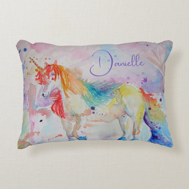 Rainbow Unicorn Waterverf Meisjes Naam Kussen (Voorkant)