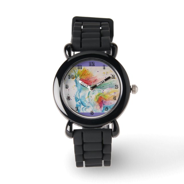 Rainbow Unicorn Waterverf Paarse Girls Horloge (Voorkant)