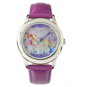 Rainbow Unicorn Waterverf Paarse Girls Horloge