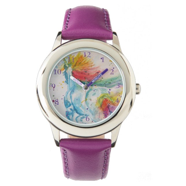 Rainbow Unicorn Waterverf Paarse meisjes Horloge (Voorkant)