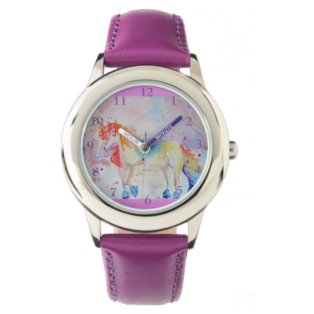 Rainbow Unicorn Waterverf Paarse meisjes Horloge (Voorkant)