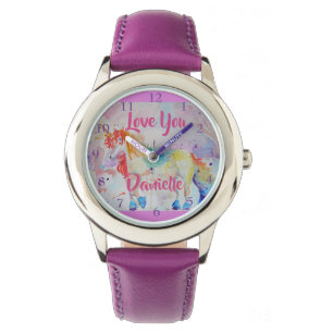 Rainbow Unicorn Waterverf Paarse meisjes Horloge