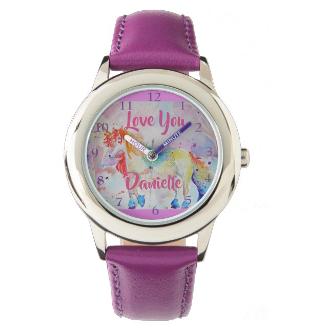 Rainbow Unicorn Waterverf Paarse meisjes Horloge (Voorkant)