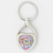 Rainbow Unicorn Waterverf Roze hartritme Ring Sleutelhanger (Voorkant)