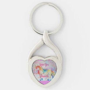 Rainbow Unicorn Waterverf Roze hartritme Ring Sleutelhanger