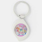 Rainbow Unicorn Waterverf Roze hoofdmetaal Ring Sleutelhanger (Voorkant)