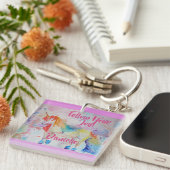 Rainbow Unicorn Waterverf Roze Key Ring Sleutelhanger (Voorkant Rechts)