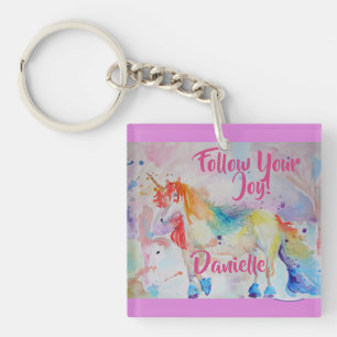 Rainbow Unicorn Waterverf Roze Key Ring Sleutelhanger