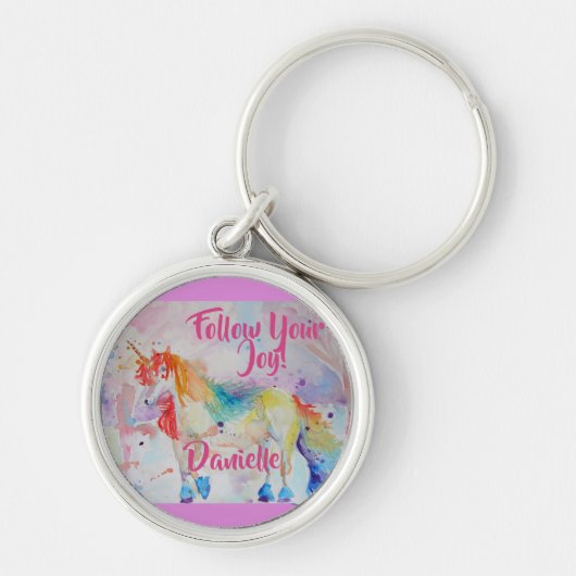 Rainbow Unicorn Waterverf Roze Key Ring Sleutelhanger (Voorkant)