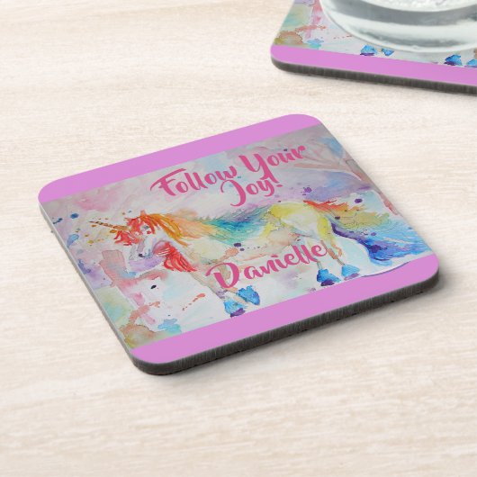Rainbow Unicorn Waterverf Roze Naam Onderzetters (Linkerzijde)