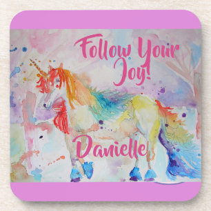 Rainbow Unicorn Waterverf Roze Naam Onderzetters