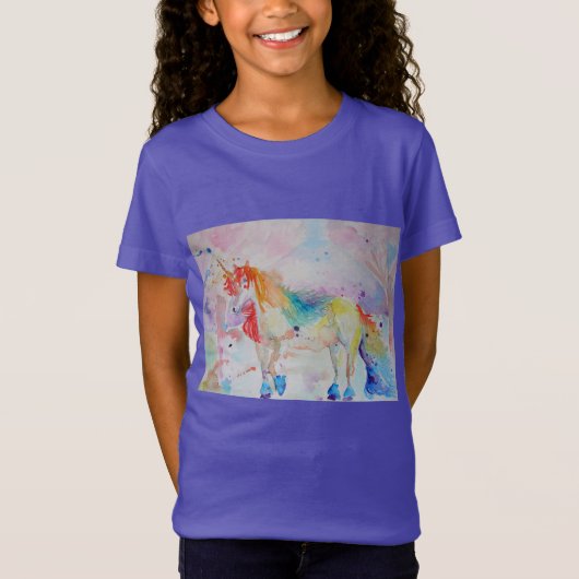 Rainbow Unicorn Whimsical Waterverf Girls T Shirt (Voorkant)