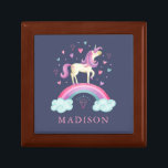 Rainbow Unicorn Wooden Jewelry Keepomwille Box Cadeaudoosje<br><div class="desc">Een schattige gepersonaliseerde meiden roze en paarse regenboogeenhoorn houten juwelen-keepaardbox. Pas het aan voor de verjaardag van je kleine meisje. Ontworpen voor jou door Blackberry Boulevard.</div>