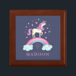 Rainbow Unicorn Wooden Jewelry Keepomwille Box Cadeaudoosje<br><div class="desc">Een schattige gepersonaliseerde meiden roze en paarse regenboogeenhoorn houten juwelen-keepaardbox. Pas het aan voor de verjaardag van je kleine meisje. Ontworpen voor jou door Blackberry Boulevard.</div>