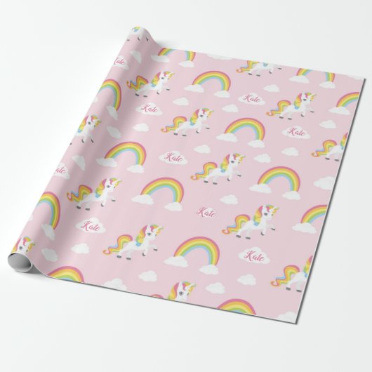 Rainbow Unicorn Wrapping Paper (gepersonaliseerd)  Cadeaupapier (Uitgerold)