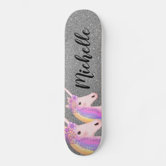 Rainbow Unicorns Girly Silver Glitter Persoonlijk Persoonlijk Skateboard (Voorkant)