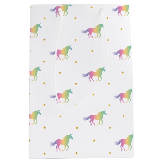 Rainbow Unicorns & Gold Stars Pattern Medium Cadeauzakje (Voorkant)
