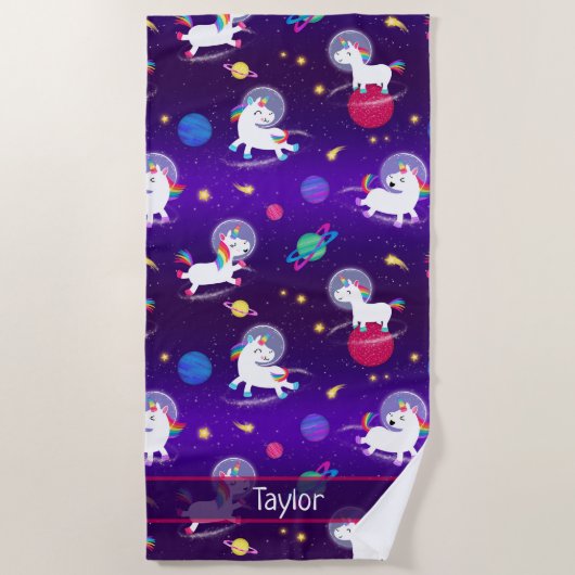 Rainbow Unicorns In Space Purple Ombre Strandlaken (Voorkant)