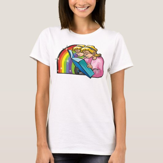 Rainbow van 1980 met Gemini Twins Reading Book T-shirt (Voorkant)