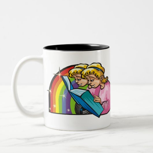 Rainbow van 1980 met Gemini Twins Reading Book Tweekleurige Koffiemok (Links)