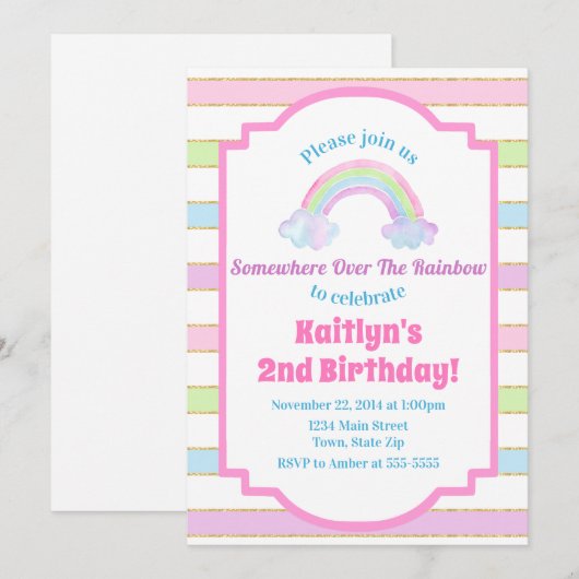 Rainbow Verjaardag Uitnodiging Rainbow Girl (Voorkant / Achterkant)