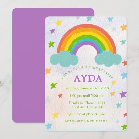 Rainbow verjaardagsfeestuitnodiging kaart (Voorkant / Achterkant)