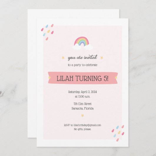 Rainbow verjaardagsfeestuitnodiging kaart (Voorkant / Achterkant)