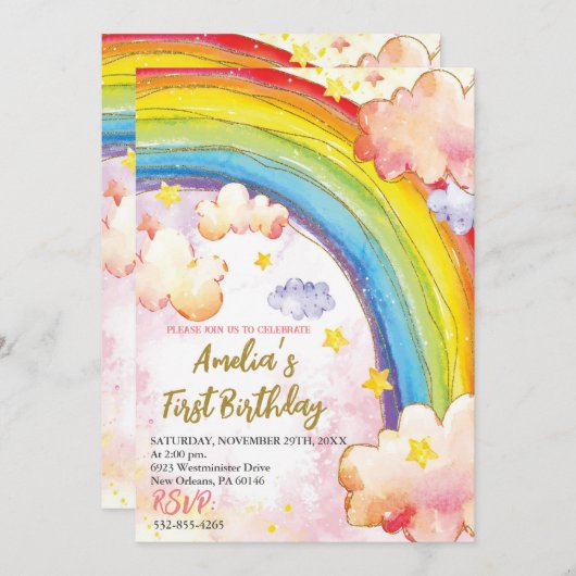 Rainbow verjaardagsfeestuitnodiging, meisjes verja kaart (Voorkant / Achterkant)