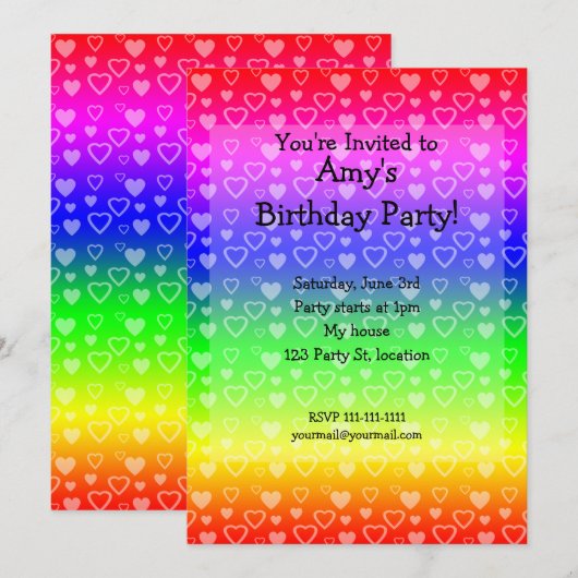 Rainbow verjaardagsuitnodiging harten kaart (Voorkant / Achterkant)