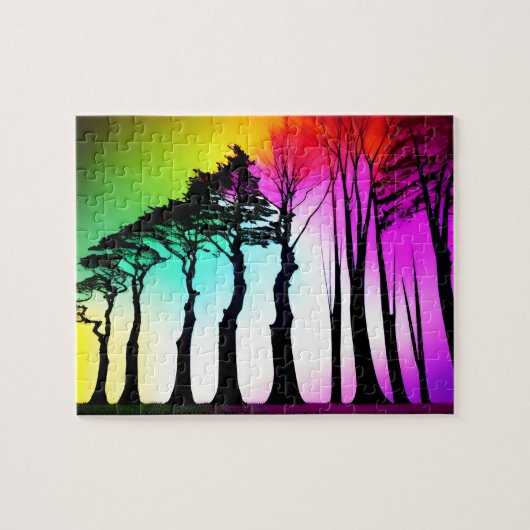 Rainbow Vibrant Sky Over Zwart Silhouet Bomen Legpuzzel (Horizontaal)