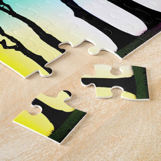 Rainbow Vibrant Sky Over Zwart Silhouet Bomen Legpuzzel (Zijkant)