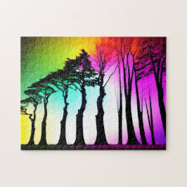 Rainbow Vibrant Sky Over Zwart Silhouet Bomen Legpuzzel