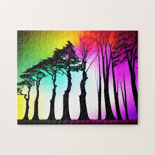 Rainbow Vibrant Sky Over Zwart Silhouet Bomen Legpuzzel (Horizontaal)