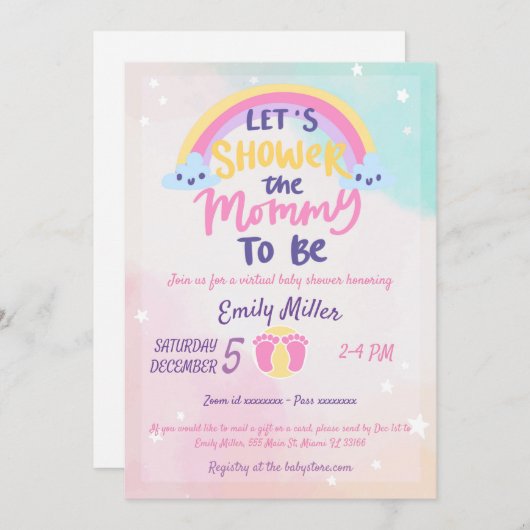 Rainbow Virtual Baby shower Invitation Kaart (Voorkant / Achterkant)