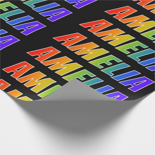 Rainbow Voornaam "AMELIA"; vun en kleurrijk Cadeaupapier (Hoek)