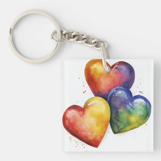 Rainbow Watercolor Hearts Digitale kunst Sleutelhanger (Voorkant)