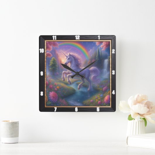 Rainbow Waterfall Dromerige Eenhoorn Vierkante Klok (Huis)
