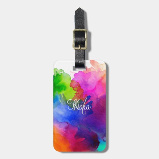 Rainbow Waterverf Abstracte naam Monogram Bagagelabel (Voorkant verticaal)