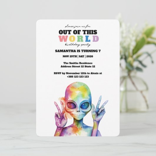 Rainbow Waterverf Alien Verjaardagsfeestje Uitnodi Kaart (Staand voorkant)