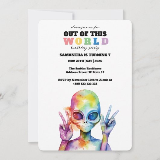Rainbow Waterverf Alien Verjaardagsfeestje Uitnodi Kaart (Voorkant)