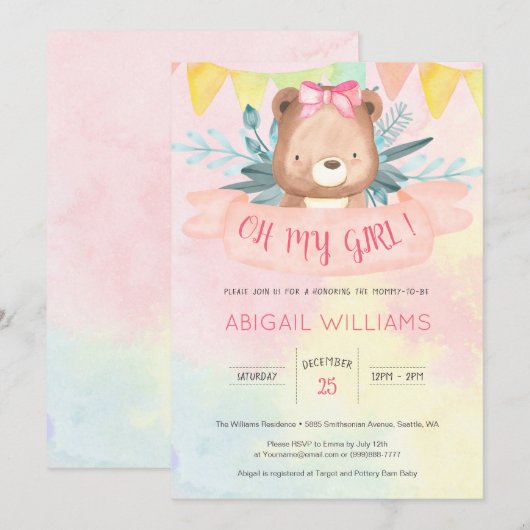 Rainbow Waterverf Beer Girl Baby shower Kaart (Voorkant / Achterkant)