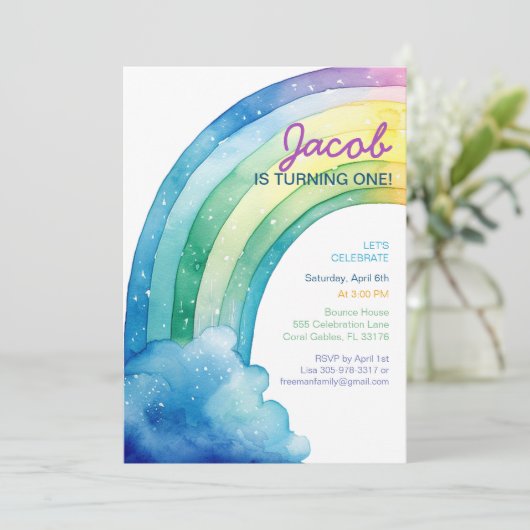 Rainbow Waterverf Boys Verjaardagsfeestje Kaart (Staand voorkant)