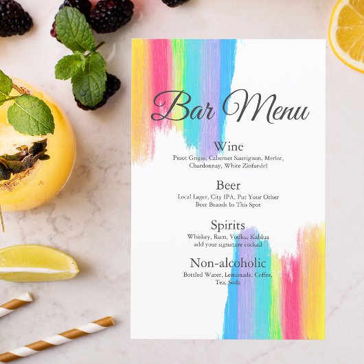 Rainbow Waterverf Chic LGBTQ Wedding Drinken Menu