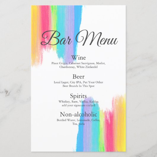 Rainbow Waterverf Chic LGBTQ Wedding Drinken Menu (Voorkant)