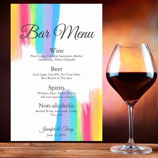 Rainbow Waterverf Chic LGBTQ Wedding Drinken Menu Poster