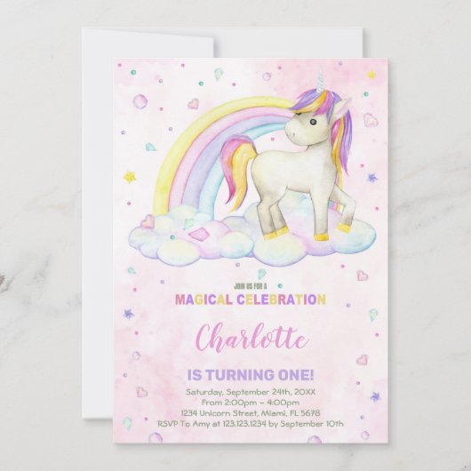 Rainbow Waterverf eenhoorn verjaardagsuitnodiging Kaart (Voorkant)