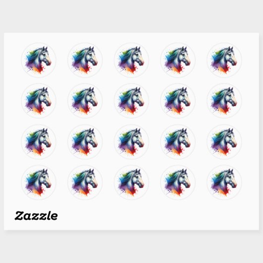 Rainbow Waterverf Horse Ronde Sticker (Vel)