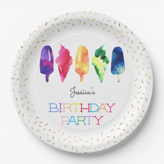 Rainbow Waterverf Ice Cream Ice-Poppen Stijlvol go Papieren Bordje (Voorkant)
