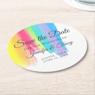 Rainbow Waterverf LGBTQ Wedding Save the Date Ronde Kartonnen Onderzetter